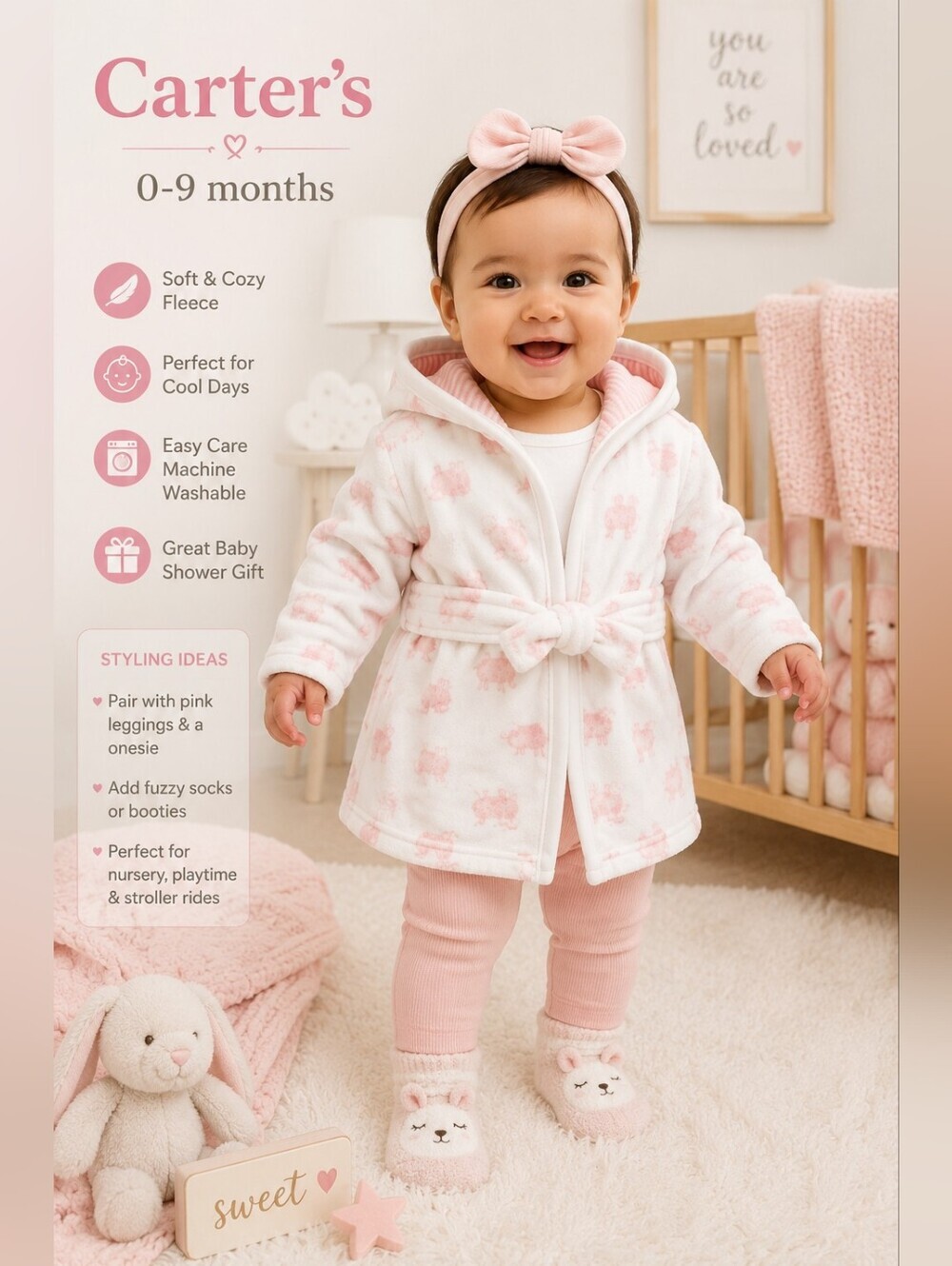 Carter's Baby Girl Fleece Hooded Cardigan 0-9 Months Pink Lamb Print Tie Front